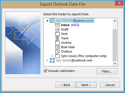 Select folders to export from and click Next