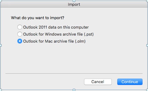 choose import in outlook for mac