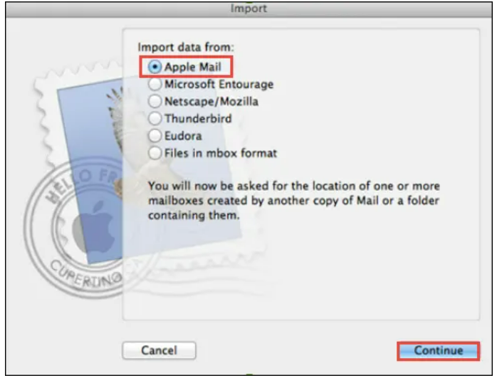 pick Apple Mail and Press the Continue button